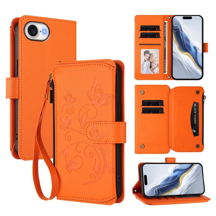 Portafoglio multi-carta con cerniera e motivo farfalla, amore e fiore, custodia per telefono in pelle, For iPhone 17e / 16e, For iPhone 17 Pro Max, For iPhone 17 Pro