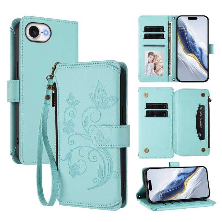 Portafoglio multi-carta con cerniera e motivo farfalla, amore e fiore, custodia per telefono in pelle, For iPhone 17e / 16e, For iPhone 17 Pro Max, For iPhone 17 Pro