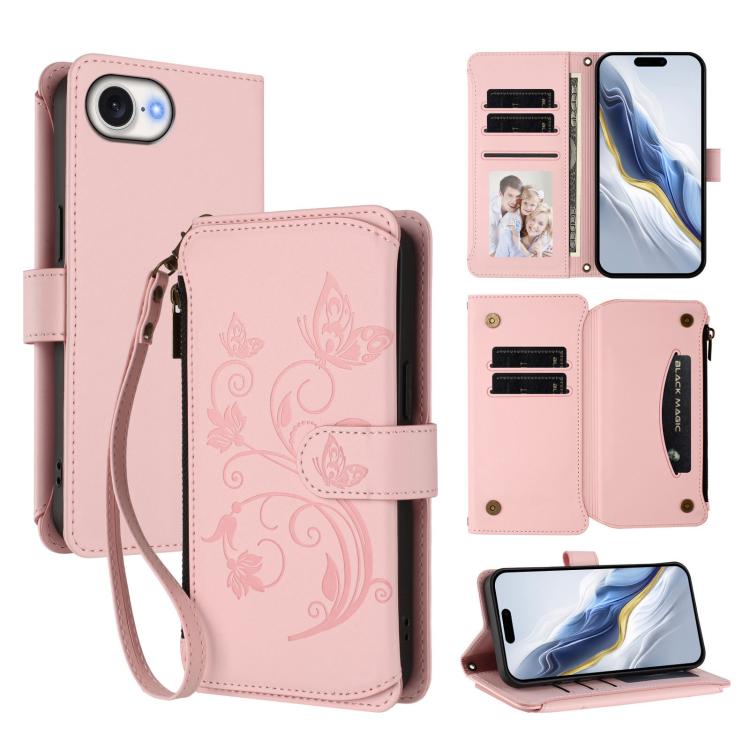 Portafoglio multi-carta con cerniera e motivo farfalla, amore e fiore, custodia per telefono in pelle, For iPhone 17e / 16e, For iPhone 17 Pro Max, For iPhone 17 Pro