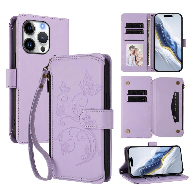 Portafoglio multi-carta con cerniera e motivo farfalla, amore e fiore, custodia per telefono in pelle, For iPhone 17, For iPhone Air, For iPhone 16 Pro Max