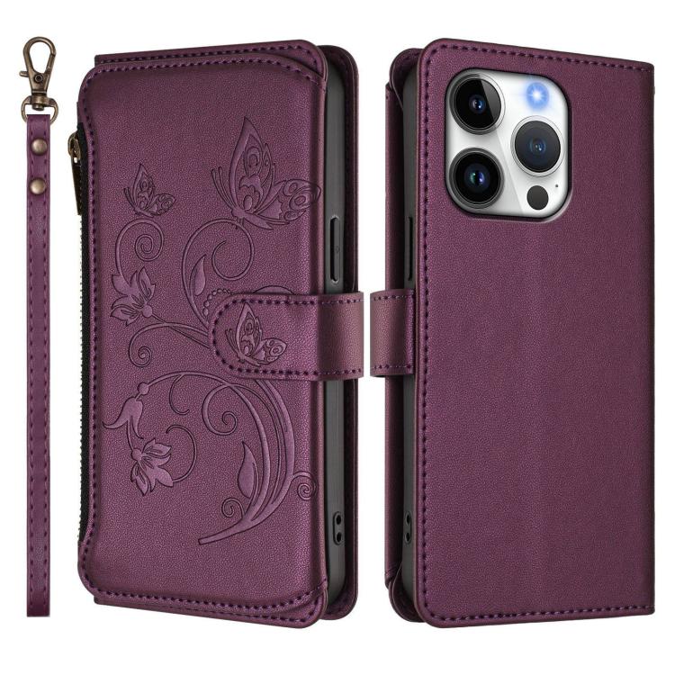 Portafoglio multi-carta con cerniera e motivo farfalla, amore e fiore, custodia per telefono in pelle, For iPhone 16 Pro, For iPhone 16 Plus, For iPhone 16