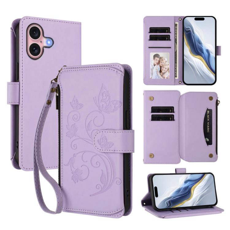 Portafoglio multi-carta con cerniera e motivo farfalla, amore e fiore, custodia per telefono in pelle, For iPhone 16 Pro, For iPhone 16 Plus, For iPhone 16
