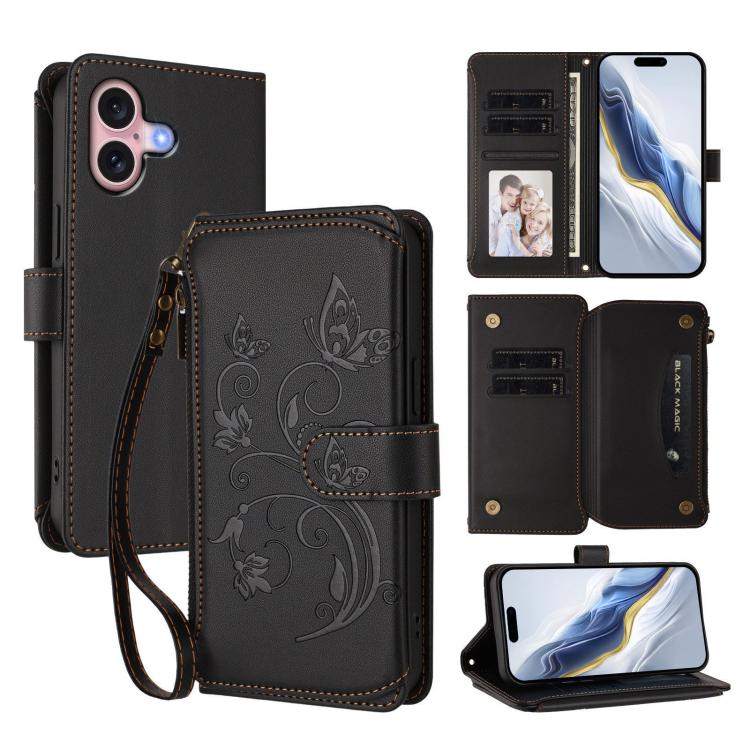 Portafoglio multi-carta con cerniera e motivo farfalla, amore e fiore, custodia per telefono in pelle, For iPhone 16 Pro, For iPhone 16 Plus, For iPhone 16