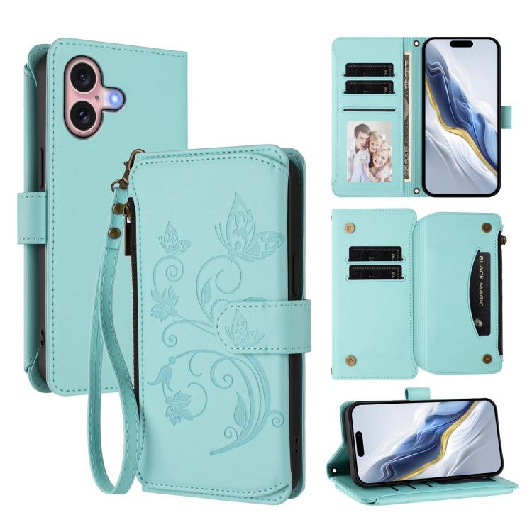 Portafoglio multi-carta con cerniera e motivo farfalla, amore e fiore, custodia per telefono in pelle, For iPhone 16 Pro, For iPhone 16 Plus, For iPhone 16