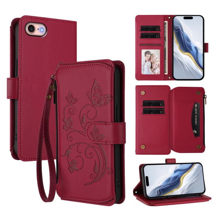 Portafoglio multi-carta con cerniera e motivo farfalla, amore e fiore, custodia per telefono in pelle, For iPhone 14 Pro, For iPhone 14 Pro Max, For iPhone 7 / 8 / SE 2022