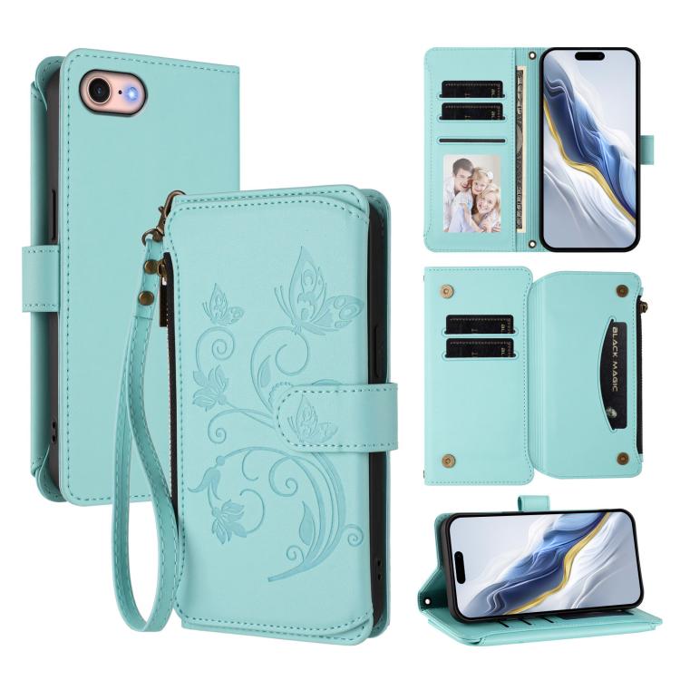 Portafoglio multi-carta con cerniera e motivo farfalla, amore e fiore, custodia per telefono in pelle, For iPhone 14 Pro, For iPhone 14 Pro Max, For iPhone 7 / 8 / SE 2022
