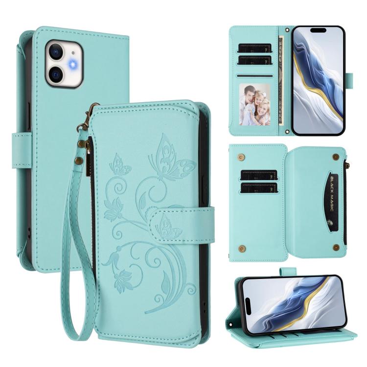 Portafoglio multi-carta con cerniera e motivo farfalla, amore e fiore, custodia per telefono in pelle, For iPhone 12 / 12 Pro, For iPhone 12 Pro Max, For iPhone 12 mini