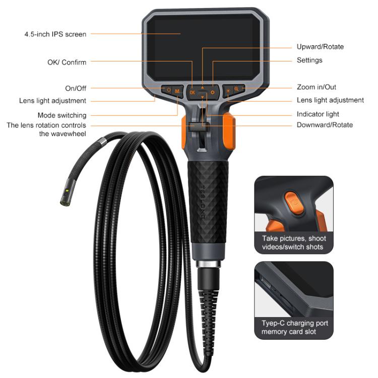 TESLONG TD450S Endoscopio industriale pieghevole a 210 gradi con schermo da 4,5 pollici e lunghezza di 1,55 m, 8.5mm Single Lens, 8.5mm Dual Lens