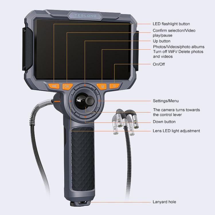 TESLONG TF600 Endoscopio industriale con schermo da 6 pollici, rotazione a 360 gradi, supporto Wi-Fi e cavo da 1,55 m., 3.9mm Single Lens, 6.5mm Single Lens, 6.5mm Dual Lens