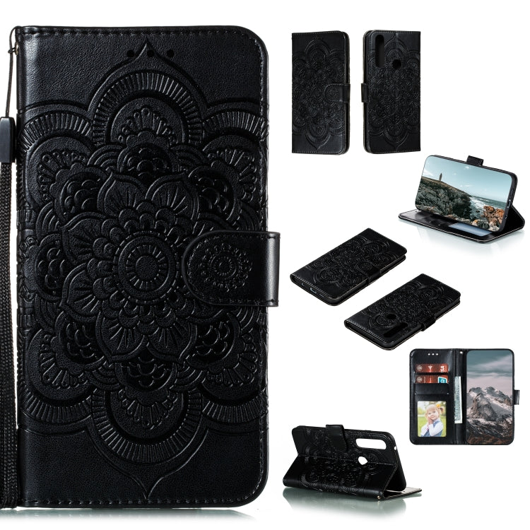 Custodia in pelle sintetica a ribalta orizzontale con motivo mandala in rilievo con supporto e slot per carte e walle e cordino, For Motorola Moto G Power