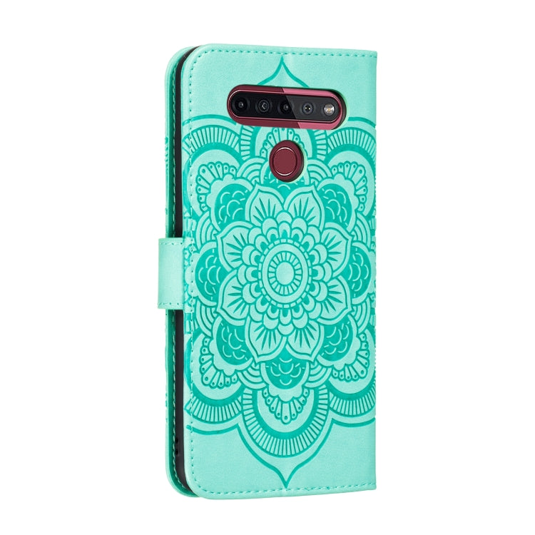 Custodia in pelle sintetica a ribalta orizzontale con motivo mandala in rilievo con supporto e slot per carte e walle e cordino, For LG K41S / K51S, For LG K61