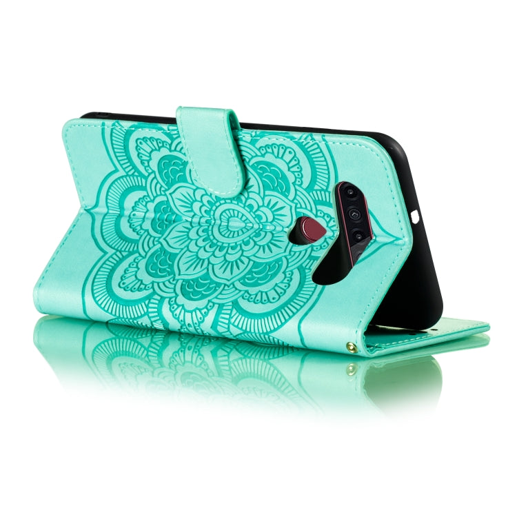 Custodia in pelle sintetica a ribalta orizzontale con motivo mandala in rilievo con supporto e slot per carte e walle e cordino, For LG K41S / K51S, For LG K61