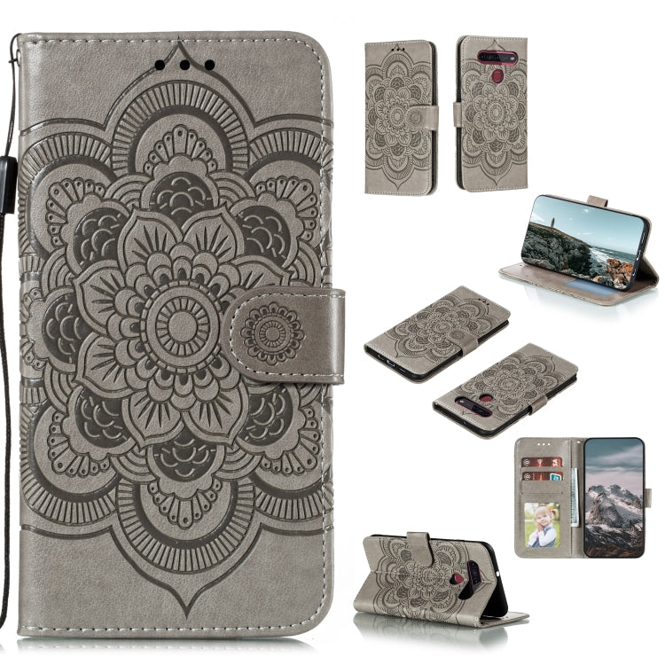 Custodia in pelle sintetica a ribalta orizzontale con motivo mandala in rilievo con supporto e slot per carte e walle e cordino, For LG K41S / K51S, For LG K61