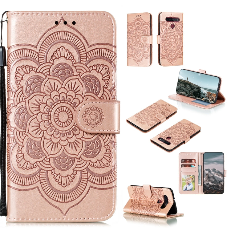 Custodia in pelle sintetica a ribalta orizzontale con motivo mandala in rilievo con supporto e slot per carte e walle e cordino, For LG K41S / K51S, For LG K61