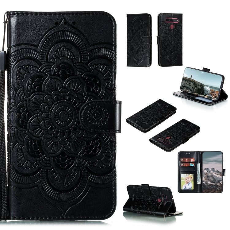 Custodia in pelle sintetica a ribalta orizzontale con motivo mandala in rilievo con supporto e slot per carte e walle e cordino, For LG K41S / K51S, For LG K61