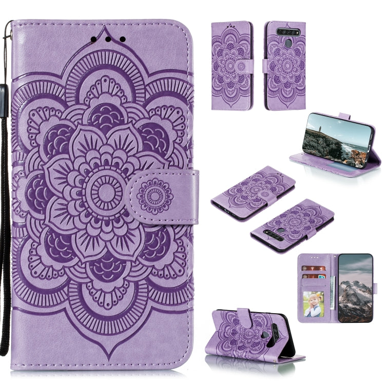 Custodia in pelle sintetica a ribalta orizzontale con motivo mandala in rilievo con supporto e slot per carte e walle e cordino, For LG K41S / K51S, For LG K61