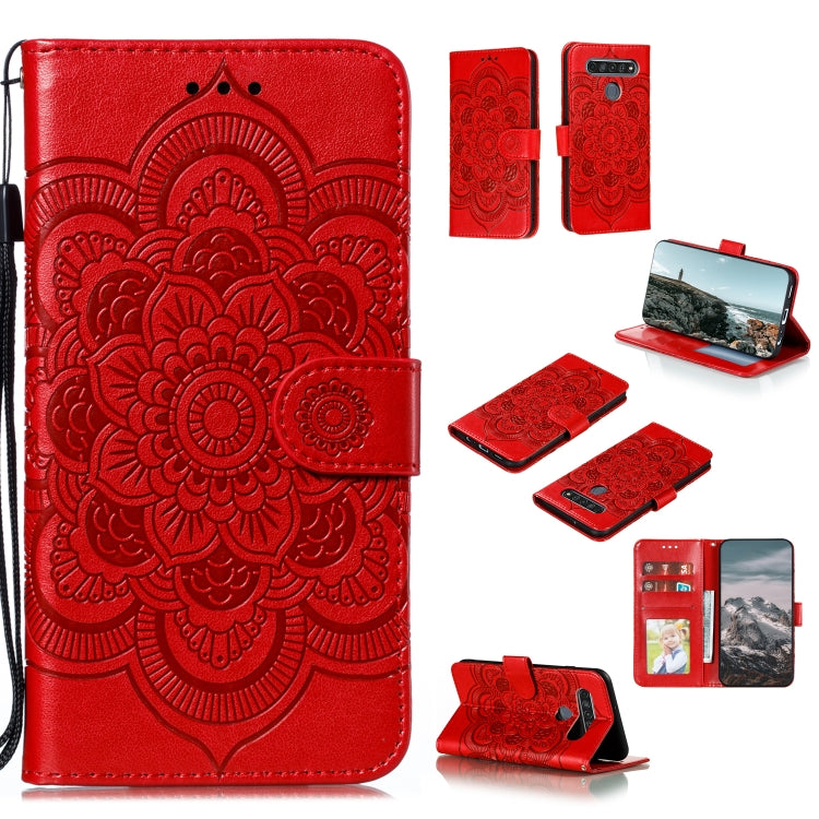 Custodia in pelle sintetica a ribalta orizzontale con motivo mandala in rilievo con supporto e slot per carte e walle e cordino, For LG K41S / K51S, For LG K61