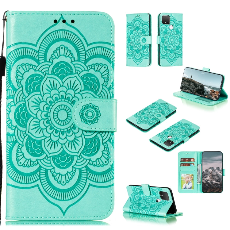 Custodia in pelle sintetica a ribalta orizzontale con motivo mandala in rilievo con supporto e slot per carte e walle e cordino, For Google Pixel 5, For Google Pixel 4a 5G, For Google Pixel 5 XL / Pixel 5 XL