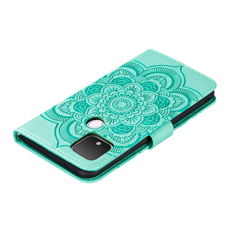 Custodia in pelle sintetica a ribalta orizzontale con motivo mandala in rilievo con supporto e slot per carte e walle e cordino, For Google Pixel 5, For Google Pixel 4a 5G, For Google Pixel 5 XL / Pixel 5 XL