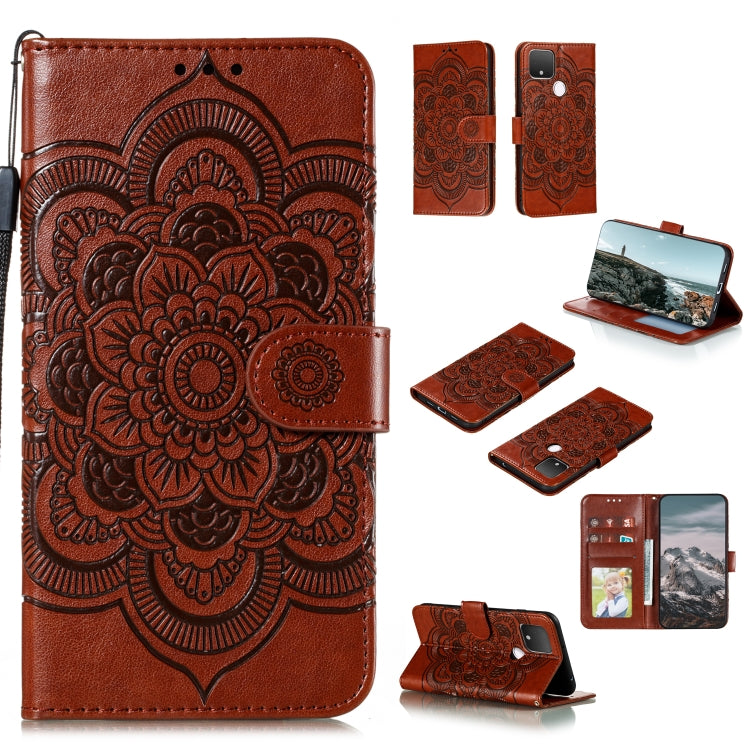 Custodia in pelle sintetica a ribalta orizzontale con motivo mandala in rilievo con supporto e slot per carte e walle e cordino, For Google Pixel 5, For Google Pixel 4a 5G, For Google Pixel 5 XL / Pixel 5 XL
