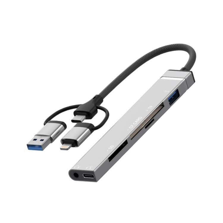 USB / Type-C / 8 Pin to CF / TF / SD Card Reader, 3.5mm HUB Adapter 6 in 1 Docking Station, 6-in-1