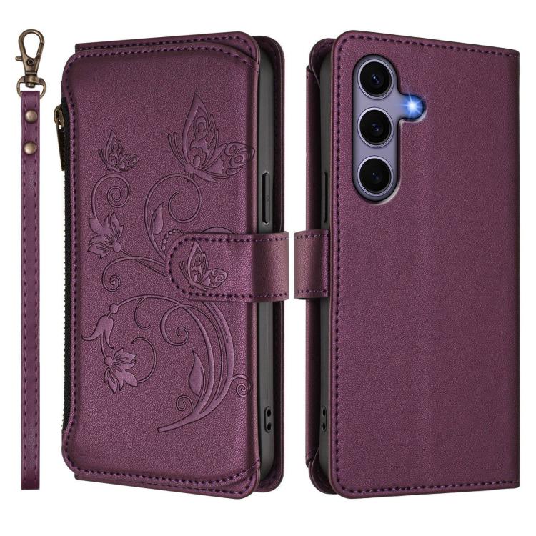 Portafoglio multi-carta con cerniera e motivo farfalla, amore e fiore, custodia per telefono in pelle, For Galaxy S24 / S25 5G, For Galaxy S24+ / S25+ 5G, For Galaxy S25 Ultra 5G