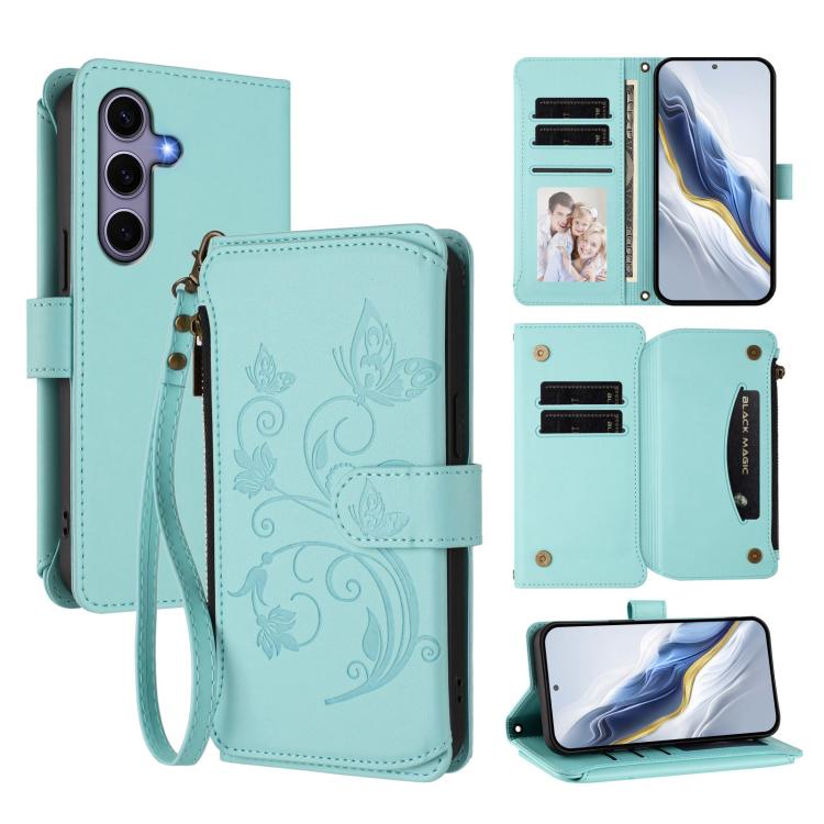 Portafoglio multi-carta con cerniera e motivo farfalla, amore e fiore, custodia per telefono in pelle, For Galaxy S24 / S25 5G, For Galaxy S24+ / S25+ 5G, For Galaxy S25 Ultra 5G