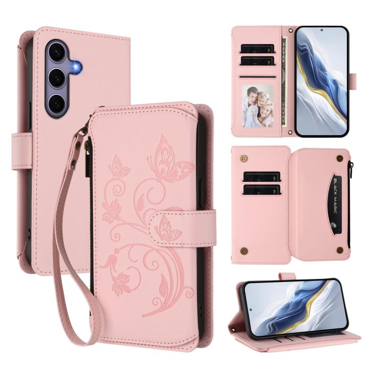 Portafoglio multi-carta con cerniera e motivo farfalla, amore e fiore, custodia per telefono in pelle, For Galaxy S24 / S25 5G, For Galaxy S24+ / S25+ 5G, For Galaxy S25 Ultra 5G