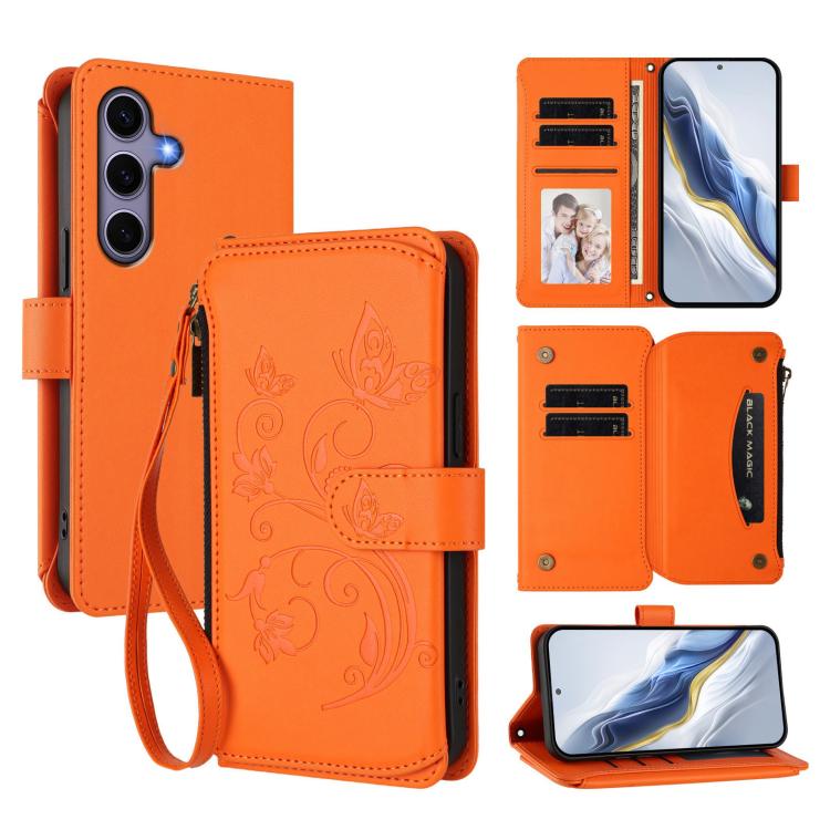 Portafoglio multi-carta con cerniera e motivo farfalla, amore e fiore, custodia per telefono in pelle, For Galaxy S24 / S25 5G, For Galaxy S24+ / S25+ 5G, For Galaxy S25 Ultra 5G