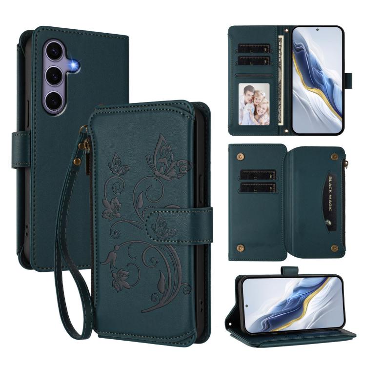 Portafoglio multi-carta con cerniera e motivo farfalla, amore e fiore, custodia per telefono in pelle, For Galaxy S24 / S25 5G, For Galaxy S24+ / S25+ 5G, For Galaxy S25 Ultra 5G