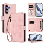 Portafoglio multi-carta con cerniera e motivo farfalla, amore e fiore, custodia per telefono in pelle, For Galaxy S24 / S25 5G, For Galaxy S24+ / S25+ 5G, For Galaxy S25 Ultra 5G