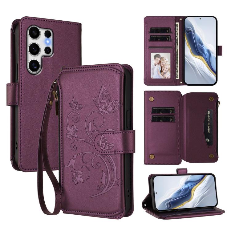 Portafoglio multi-carta con cerniera e motivo farfalla, amore e fiore, custodia per telefono in pelle, For Galaxy S24 / S25 5G, For Galaxy S24+ / S25+ 5G, For Galaxy S25 Ultra 5G