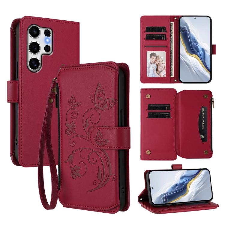 Portafoglio multi-carta con cerniera e motivo farfalla, amore e fiore, custodia per telefono in pelle, For Galaxy S24 / S25 5G, For Galaxy S24+ / S25+ 5G, For Galaxy S25 Ultra 5G