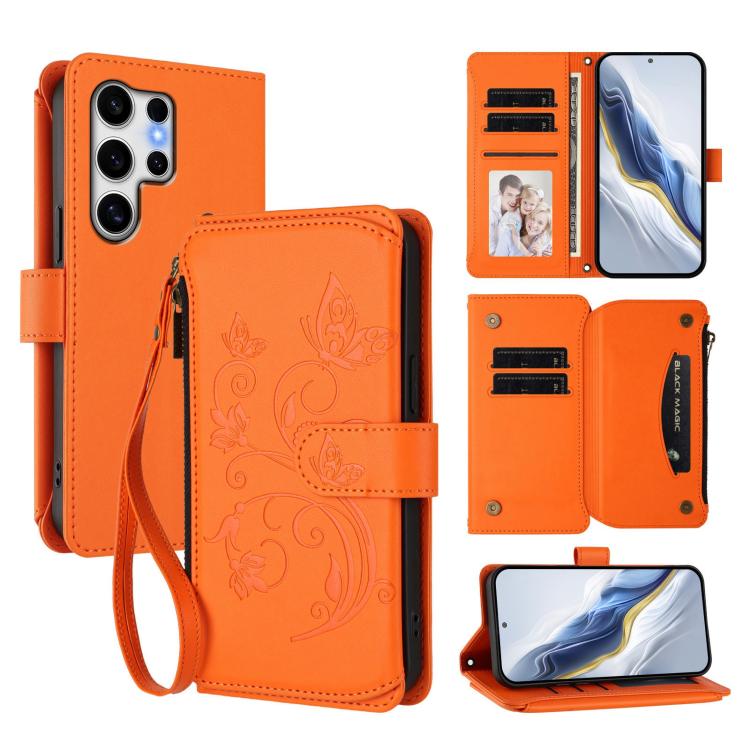 Portafoglio multi-carta con cerniera e motivo farfalla, amore e fiore, custodia per telefono in pelle, For Galaxy S24 / S25 5G, For Galaxy S24+ / S25+ 5G, For Galaxy S25 Ultra 5G