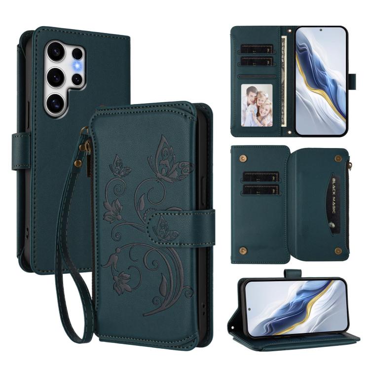 Portafoglio multi-carta con cerniera e motivo farfalla, amore e fiore, custodia per telefono in pelle, For Galaxy S24 / S25 5G, For Galaxy S24+ / S25+ 5G, For Galaxy S25 Ultra 5G