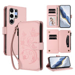 Portafoglio multi-carta con cerniera e motivo farfalla, amore e fiore, custodia per telefono in pelle, For Galaxy S24 / S25 5G, For Galaxy S24+ / S25+ 5G, For Galaxy S25 Ultra 5G