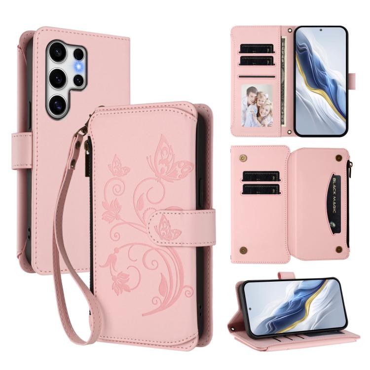 Portafoglio multi-carta con cerniera e motivo farfalla, amore e fiore, custodia per telefono in pelle, For Galaxy S24 / S25 5G, For Galaxy S24+ / S25+ 5G, For Galaxy S25 Ultra 5G
