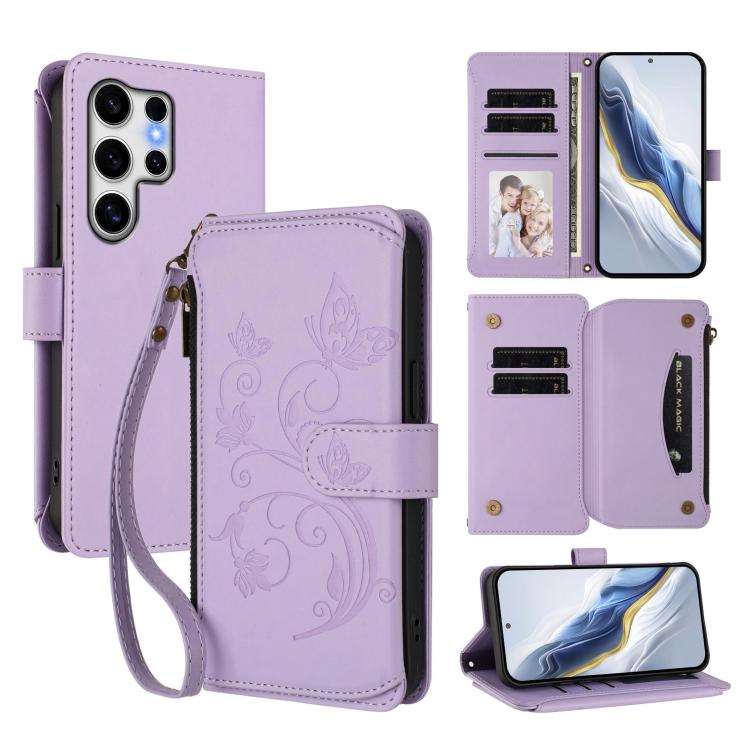 Portafoglio multi-carta con cerniera e motivo farfalla, amore e fiore, custodia per telefono in pelle, For Galaxy S24 / S25 5G, For Galaxy S24+ / S25+ 5G, For Galaxy S25 Ultra 5G