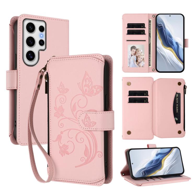Portafoglio multi-carta con cerniera e motivo farfalla, amore e fiore, custodia per telefono in pelle, For Galaxy S24 FE 5G, For Galaxy S24 Ultra 5G, For Galaxy S23 FE 5G
