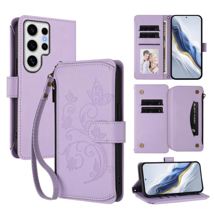 Portafoglio multi-carta con cerniera e motivo farfalla, amore e fiore, custodia per telefono in pelle, For Galaxy S24 FE 5G, For Galaxy S24 Ultra 5G, For Galaxy S23 FE 5G