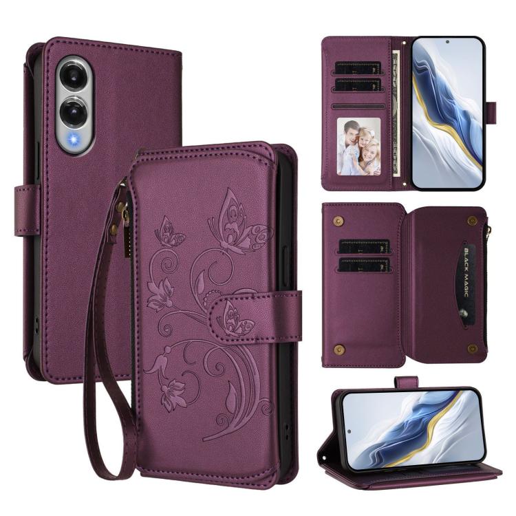 Portafoglio multi-carta con cerniera e motivo farfalla, amore e fiore, custodia per telefono in pelle, For Galaxy S26 Ultra 5G, For Galaxy S26 5G, For Galaxy S25 Edge 5G