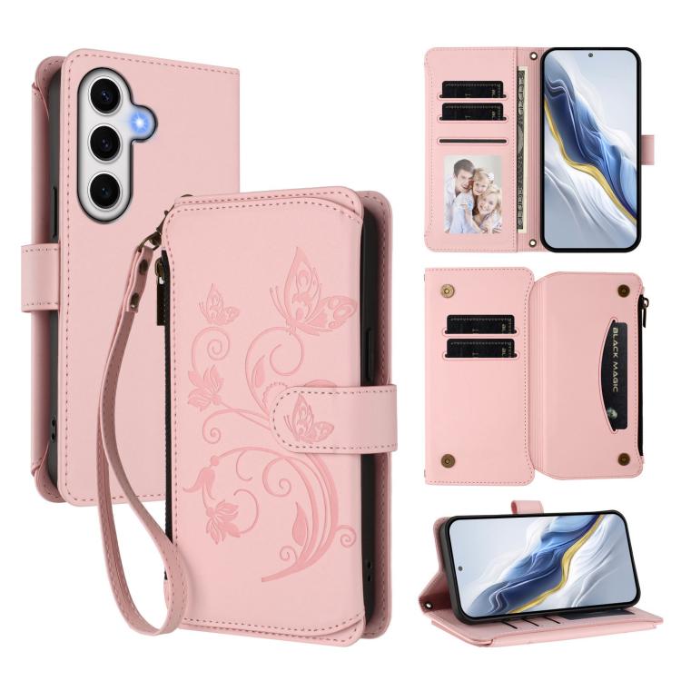 Portafoglio multi-carta con cerniera e motivo farfalla, amore e fiore, custodia per telefono in pelle, For Galaxy S24 FE 5G, For Galaxy S24 Ultra 5G, For Galaxy S23 FE 5G