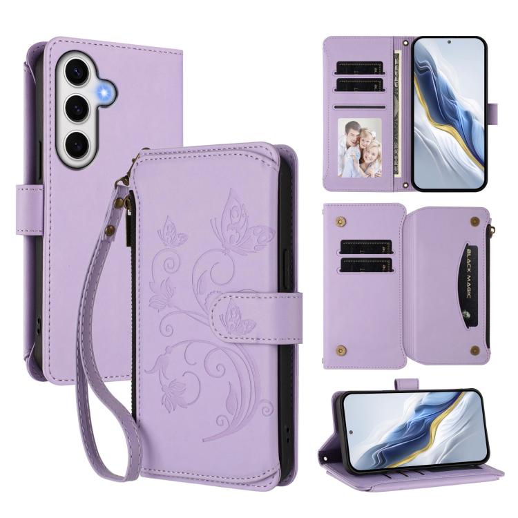 Portafoglio multi-carta con cerniera e motivo farfalla, amore e fiore, custodia per telefono in pelle, For Galaxy S24 FE 5G, For Galaxy S24 Ultra 5G, For Galaxy S23 FE 5G