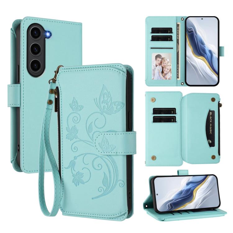 Portafoglio multi-carta con cerniera e motivo farfalla, amore e fiore, custodia per telefono in pelle, For Galaxy S23 Ultra 5G, For Galaxy S23+ 5G, For Galaxy S23 5G