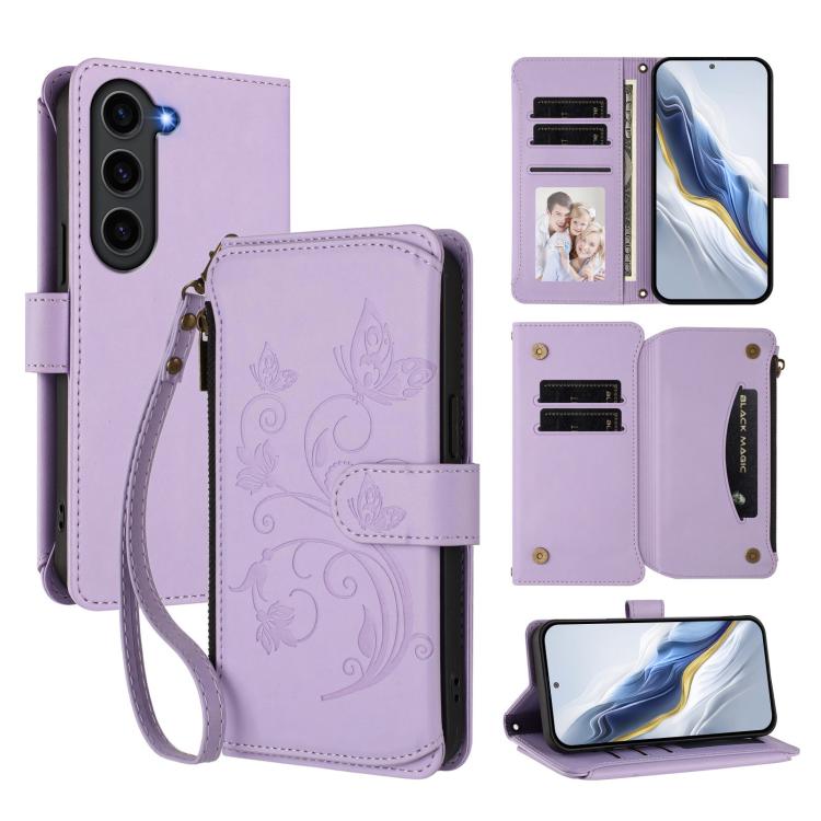 Portafoglio multi-carta con cerniera e motivo farfalla, amore e fiore, custodia per telefono in pelle, For Galaxy S23 Ultra 5G, For Galaxy S23+ 5G, For Galaxy S23 5G