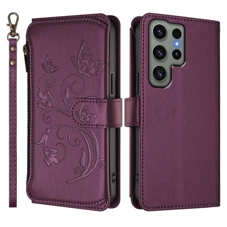 Portafoglio multi-carta con cerniera e motivo farfalla, amore e fiore, custodia per telefono in pelle, For Galaxy S23 Ultra 5G, For Galaxy S23+ 5G, For Galaxy S23 5G