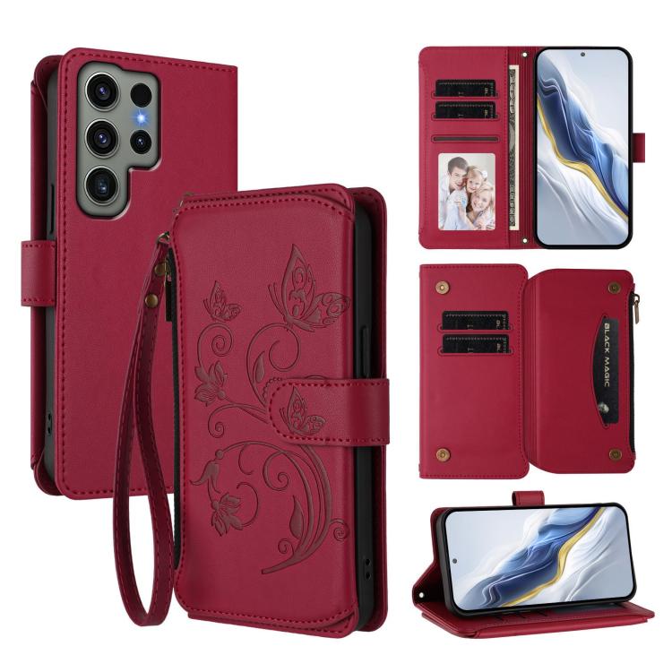 Portafoglio multi-carta con cerniera e motivo farfalla, amore e fiore, custodia per telefono in pelle, For Galaxy S23 Ultra 5G, For Galaxy S23+ 5G, For Galaxy S23 5G