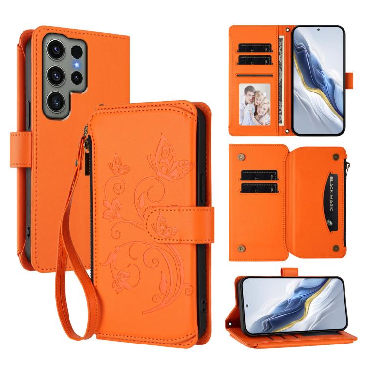 Portafoglio multi-carta con cerniera e motivo farfalla, amore e fiore, custodia per telefono in pelle, For Galaxy S23 Ultra 5G, For Galaxy S23+ 5G, For Galaxy S23 5G