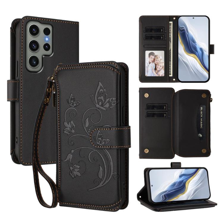 Portafoglio multi-carta con cerniera e motivo farfalla, amore e fiore, custodia per telefono in pelle, For Galaxy S23 Ultra 5G, For Galaxy S23+ 5G, For Galaxy S23 5G