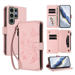 Portafoglio multi-carta con cerniera e motivo farfalla, amore e fiore, custodia per telefono in pelle, For Galaxy S23 Ultra 5G, For Galaxy S23+ 5G, For Galaxy S23 5G
